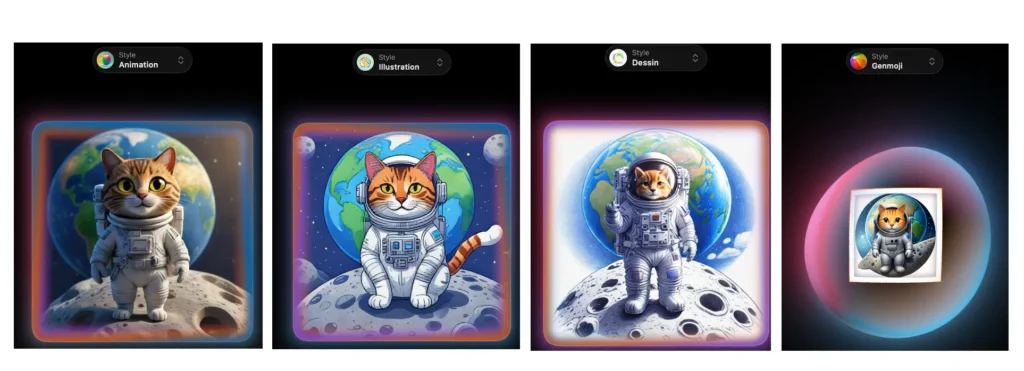 Comparaison des styles Animation, Illustration, Dessin et Genmoji dans Image Playground sur Mac