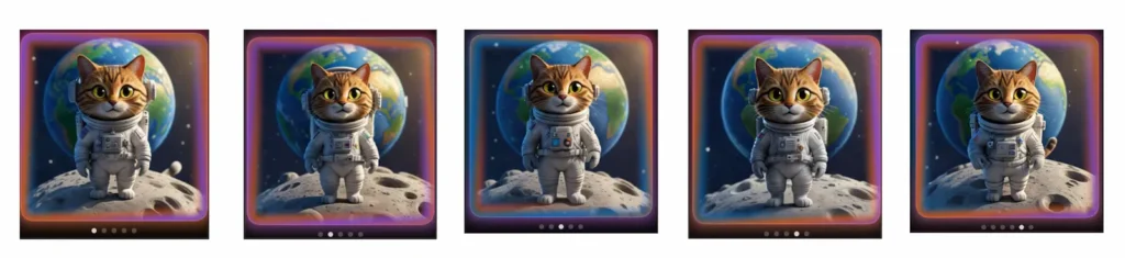 Plusieurs variantes d’un chat astronaute générées avec Image Playground sur Mac à partir de la même description